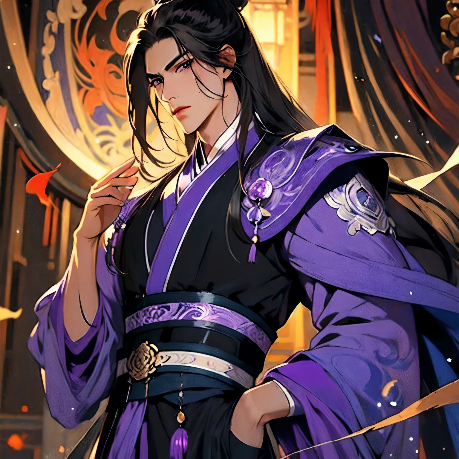 (masterpiece, best quality:1.2), 1male, solo, jiang cheng, mo dao zu shi, mdzs, purple and black clothes, purple eyes, long black hair, perfect anatomy