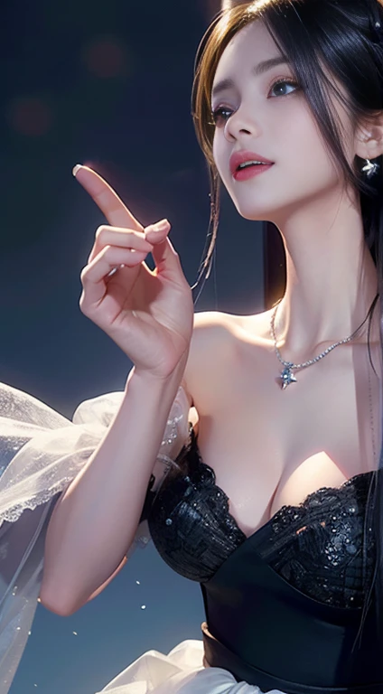 ((4K works))、masterpiece、(top-quality)、((high-level image quality))、((one beautiful women))、Slim body、((Black Y Shirt Fashion))、(Detailed beautiful eyes)、Crow on fantastic city background、((Face similar to Chaewon in Ruseraphim))、((shoulder-length hair))、((bright silver hair))、((Smaller face))、((Neutral face))、((Light blue eyes))、((Korean Women))、((18year old))、((Wild Lady))、((Wild look))、((Show your fangs and laugh))、((Korean makeup with black eyeshadow))、((elongated and sharp eyes))、((Shot alone))、((Fallen Angel))、((Fallen Angel Woman))、Photos of fallen angels、Villain、((amazing photo))、Photographed so that the whole body can be seen、horor、((There is a crow on the right shoulder))、Dark Proof、((Shot diagonally from the side))