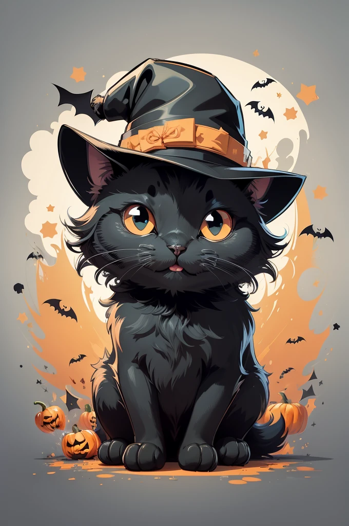 2d contours vector, Cute black cat with disturbing smiles, Halloween Hat, Bats flying around, outlined, White background, animated cartoon, flattened illustration, just outlines, menos detalhes, modern animated cartoon style, vector graphic