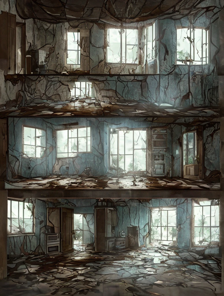 Distorted and disproportionate kitchen 

 Stroke style drawing adventure time 
 Abandoned kitchen, post-war, No people, puddle of water, infiltration on the wall and ceiling, refrigerator with rusty door between open and stain of infiltration, wooden cabinet with rusty door between open and stain of infiltration, floor with floor with stains of infiltration and missile on the floor next to the refrigerator, plants on the ceiling and wall invading the space.
 Soft light coming through the open wooden window with broken glass.
 Intricate details, simple and spontaneous lines, humorous, graphic illustration style, 4k definition with measurements of 3840 x 2160 pixels, front view of the scene.