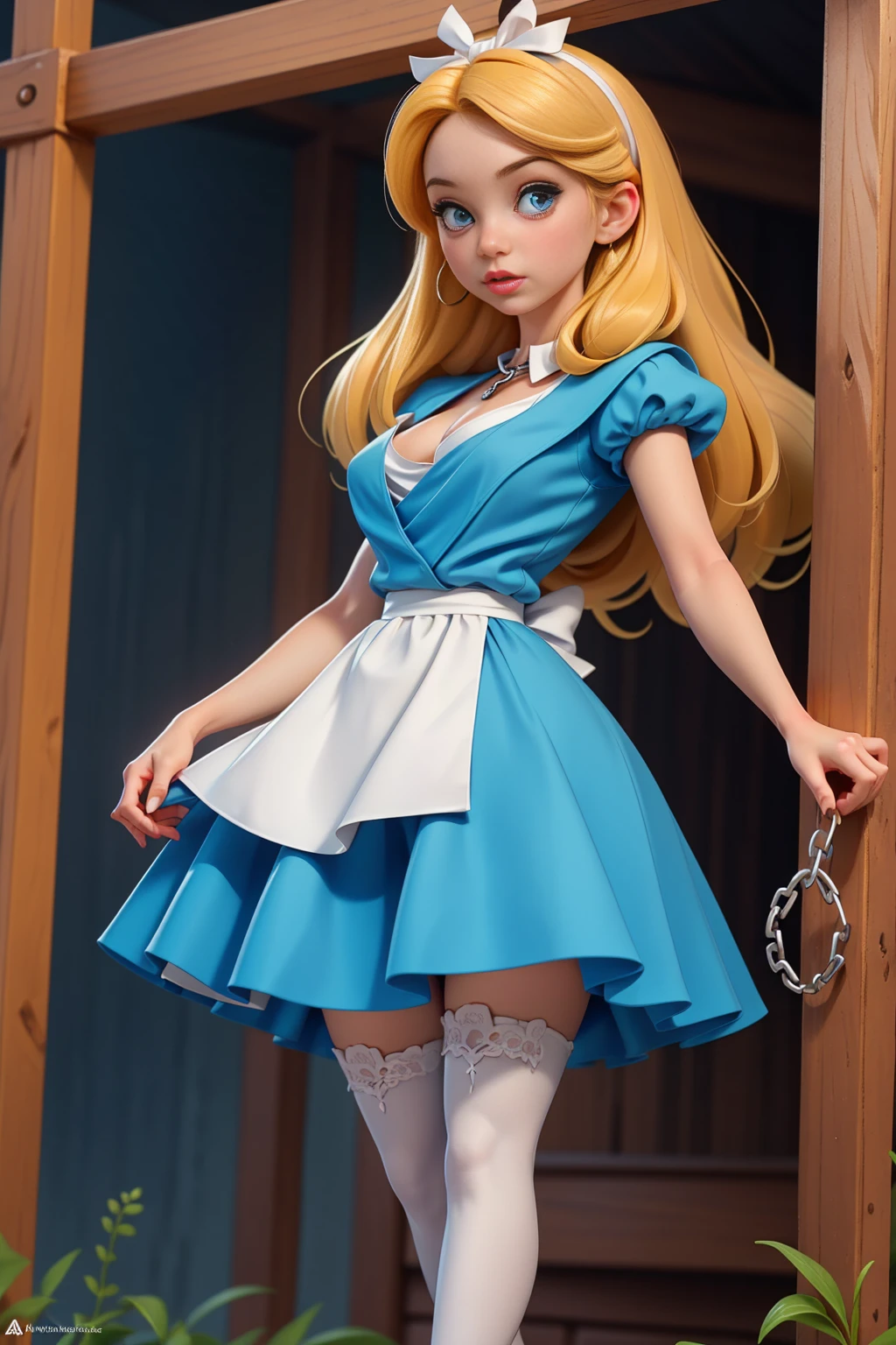 masterpiece, 1girl, solo, make her a sexy Alice in Wonderland with blonde hair, powder blue dress with white apron, white stockings, cleavage, dynamic, ultra high def, 32k, (perfect anatomy:1.5), perfect legs, in the style of Artgerm and Adam Hughes, perfect arms, downblouse