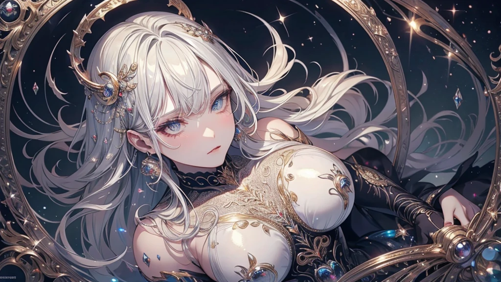 High resolution RAW color art, animation,Sculpture, Silver Marble Skin, (((Highly detailed elegant))), Magical atmosphere, Detailed skin, texture,(Exquisitely crafted, The finer details, Ultra-detailed art), Depth of written boundary, Bokeh, Silky Touch, Hyper Detail, Beautiful Eyes, Elegant face, magic circle, sunrise, Upper Body, (Big Hips, Recall), View from above