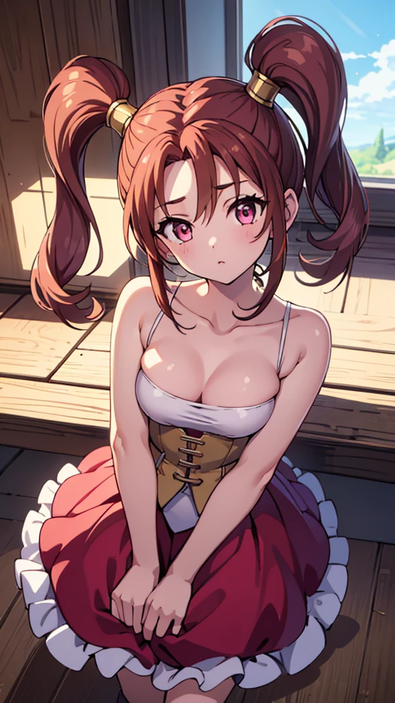 (masterpiece, best quality:1.2), solo, 1girl, dq8jessica, fluorescent pink eyes, expelled from paradise, , , Oculogyric crisis, low twintails, Perfect figure, heart-shaped
