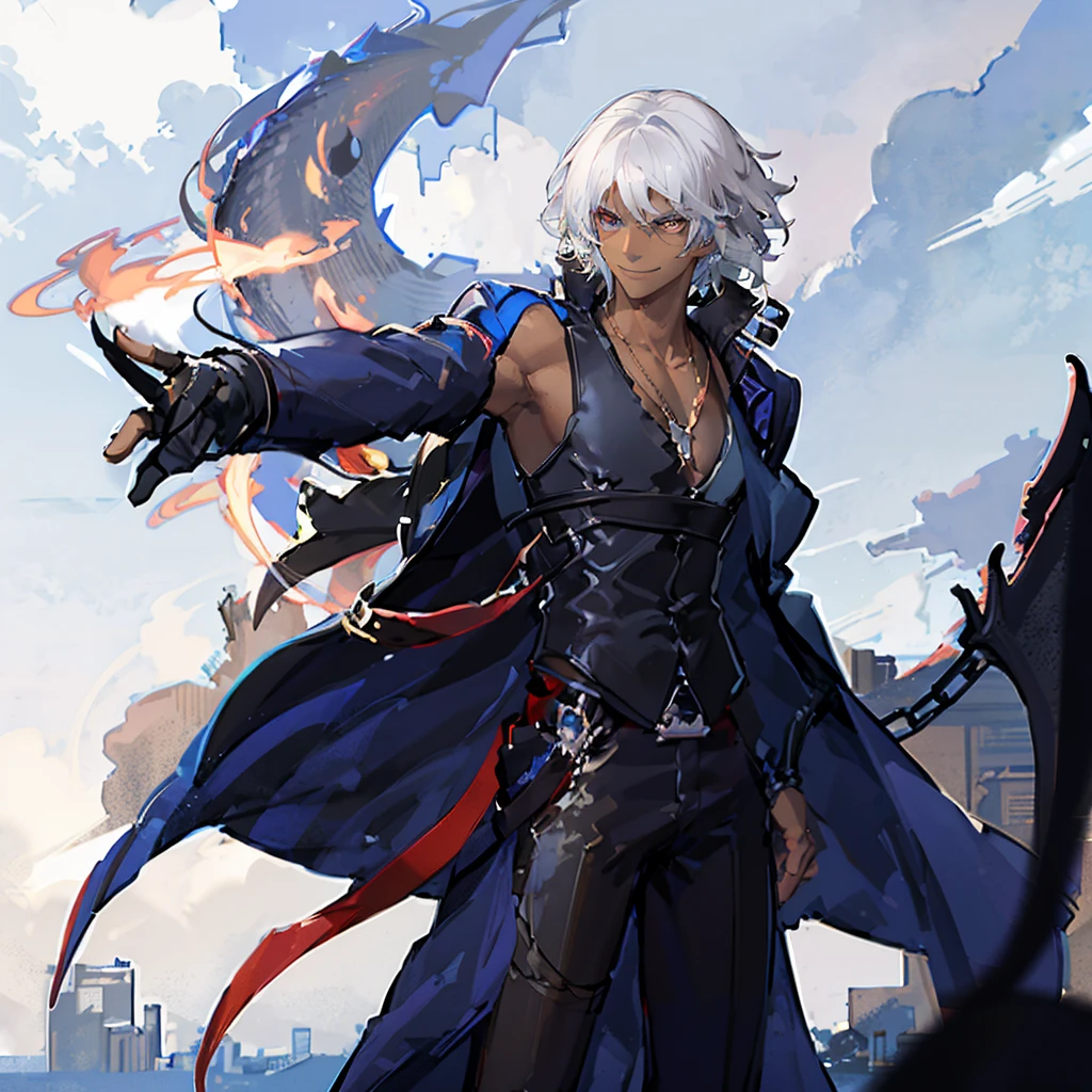 A Dark skinned young anime man, side swept silver hair, fiery light blue eyes, producing blue fire out of his fist, wearing a blue combat trench coat over a black tank top with black slacks and a chain on the hip, steel necklace with a blue dragon pendant around his neck, with sleeves rolled up to his elbows and a cocky smile