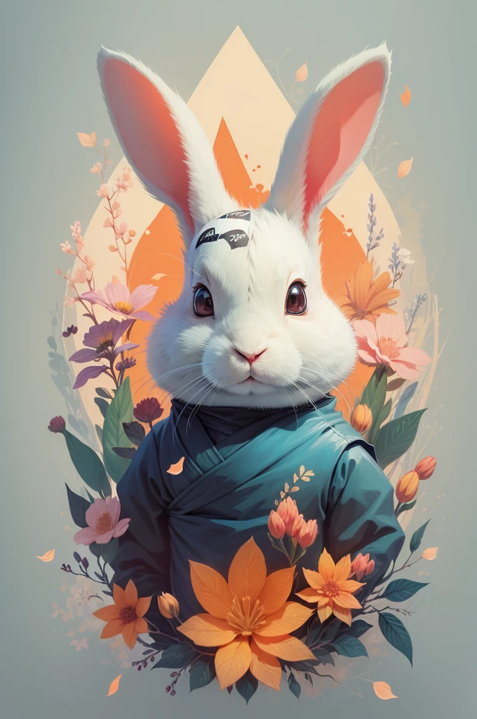 A detailed illustration of the ninja rabbit's face, fire, t shirt design, bloom of flowers, t shirt design, in style of studio ghibli, pastel tetradic colors, 3D art, cute and quirky, Fantasyart, watercolor effect, bokeh, Adobe Illustrator, hand drawn, digitalpainting, low poly, soft lighting, Aerial view, isometric style, retro aesthetic, character-focused, 4k resolution, Photorealistic rendering, using Cinema 4D, White background, flat White background