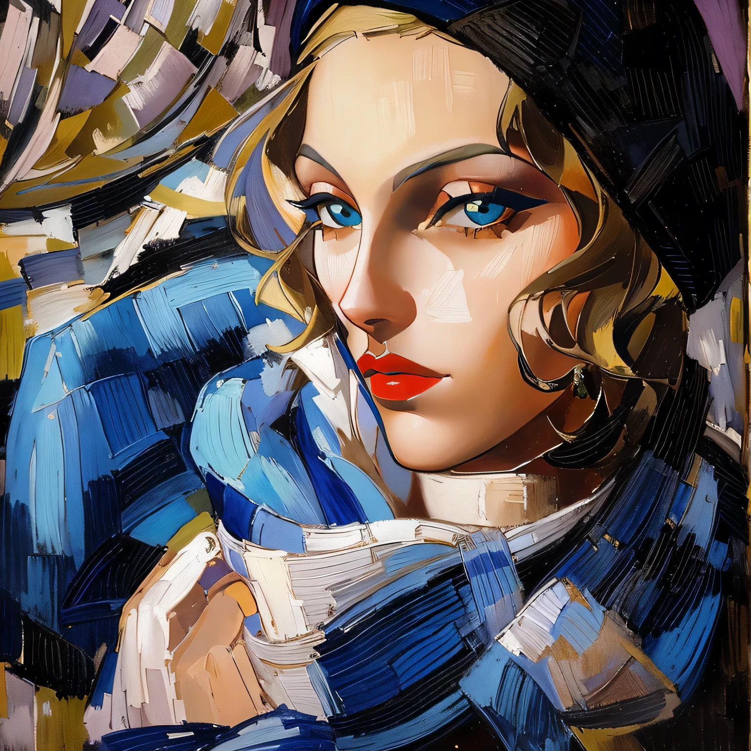 painting of a woman with a blue scarf and a hat, inspired by Tamara de Lempicka, inspired by Tamara Lempicka, by Tamara Lempicka, by Tamara de Lempicka, inspired by Joseph Kleitsch, inspired by George Benjamin Luks, art deco portrait, enoch bolles, art deco painting, an art deco painting