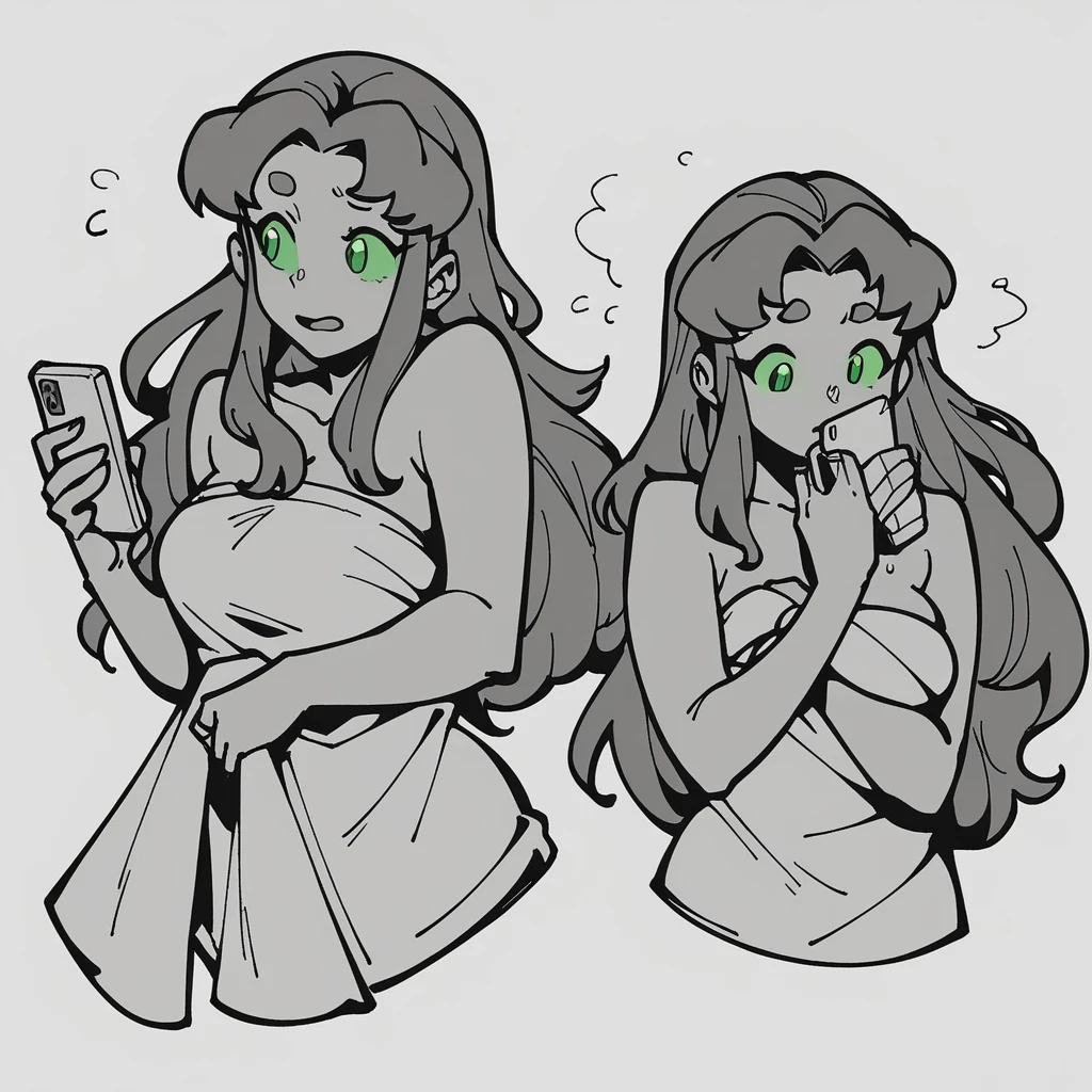 score_9_presence, score_8_up, Starfire, wrapped in towel, medium breasts, holding phone