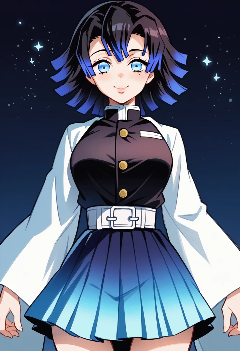 Draw a character in animated art style, with a vibrant and expressive appearance. The character must have exaggerated characteristics, like big, expressive eyes, a subtle and fun smile, and a straight posture. do not distract from the main figure. The character must be from the Kimetsu no Yaiba universe/Demon Slayer, frontal angle, animated cartoon, beautiful drawing. A female character, light blue gradient black hair, blue colored eyes, wearing a pretty dark colored skirt, haori azul, pose more at the waist, short layered hair, dark night background, stars and moonlight, night image, night filter.