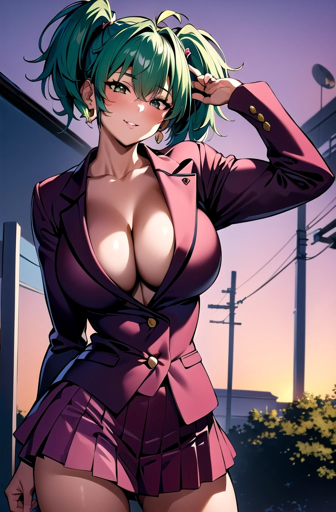 ((masterpiece,best quality, detailed)), 1girl, solo, outdoors, garden, upper body, sunset,
ryofu housen, magatama earrings, blazer, single earring, smile, parted lips, cleavage