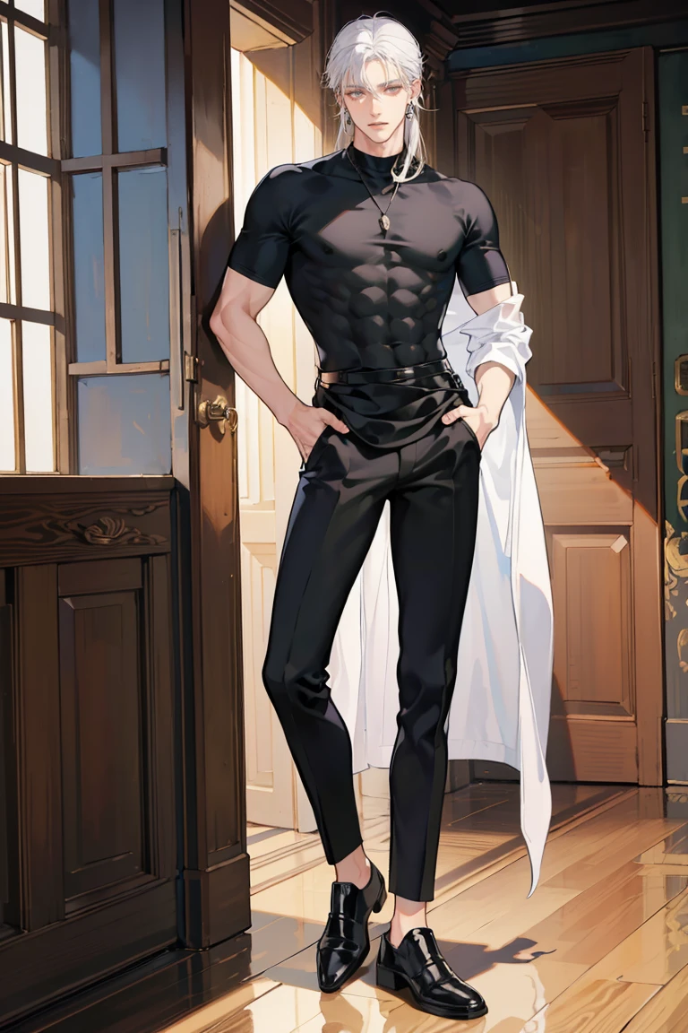 (masterpiece), best quality, seductive eyes, perfect face, handsome man, brown eyes, long tied white hair, long nose, tan skin, plain black t-shirt, black fitted pants, extremely tall man, long legs, long calves, full body, tall man, long legs, anime cover, 1boy, ear piercings, hands in pockets, adult-like look
