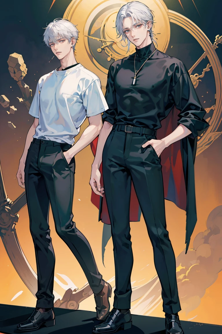 (masterpiece), best quality, seductive eyes, perfect face, handsome man, brown eyes, long tied white hair, long nose, tan skin, plain black t-shirt, black fitted pants, extremely tall man, long legs, long calves, full body, tall man, long legs, anime cover, 1boy, ear piercings, hands in pockets, adult-like look