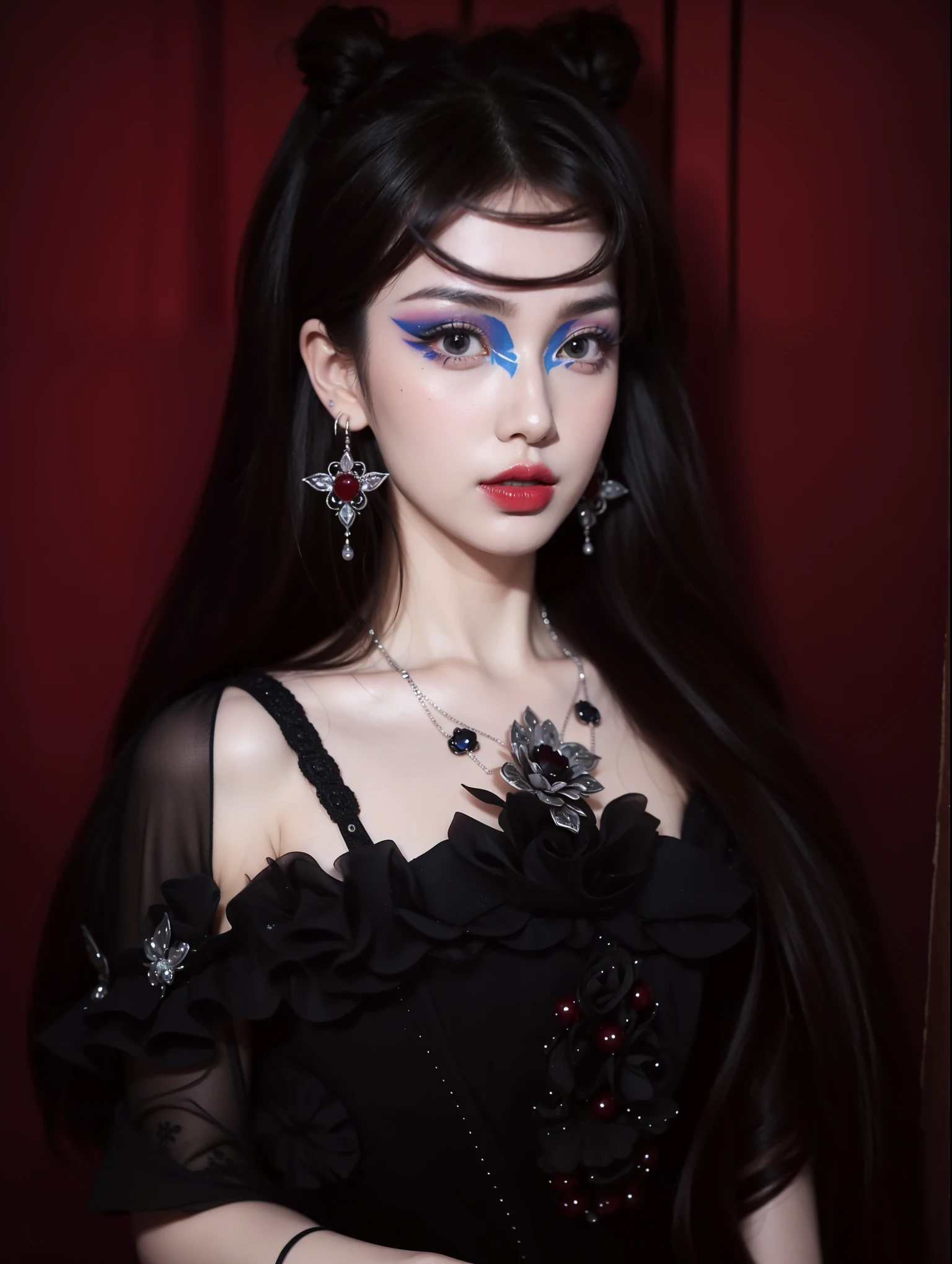 Realistic style,8K picture quality,Very detailed, Delicate face, Realistic style的照片, Stock Photography , rich and colorful, Surreal, Realistic textures, Dramatic Lighting, Distiller 800 (8K, original photo, Better quality, masterpiece: 1.2), Very detailed, (Extremely delicate skin: 1.2), 8K Ultra HD, SLR camera, Soft Light, high quality, 冰冻Queen, Queen, snow castle,Blue pupils,Apply red lipstick,Very delicate tattoo design,Jewelry,哥特Queen