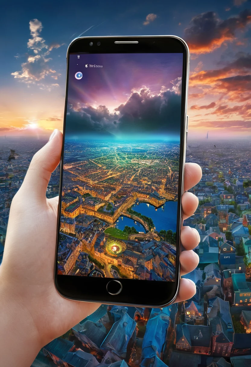 It's very realistic, with a smartphone in your hand and a google map displayed on the smartphone screen, There is a part of a magical city that looks like a fairy tale in the depths of the image, outdoor