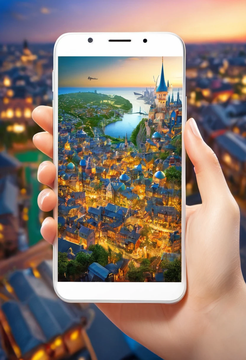 It's very realistic, with a smartphone in your hand and a google map displayed on the smartphone screen, There is a part of a magical city that looks like a fairy tale in the depths of the image, outdoor
