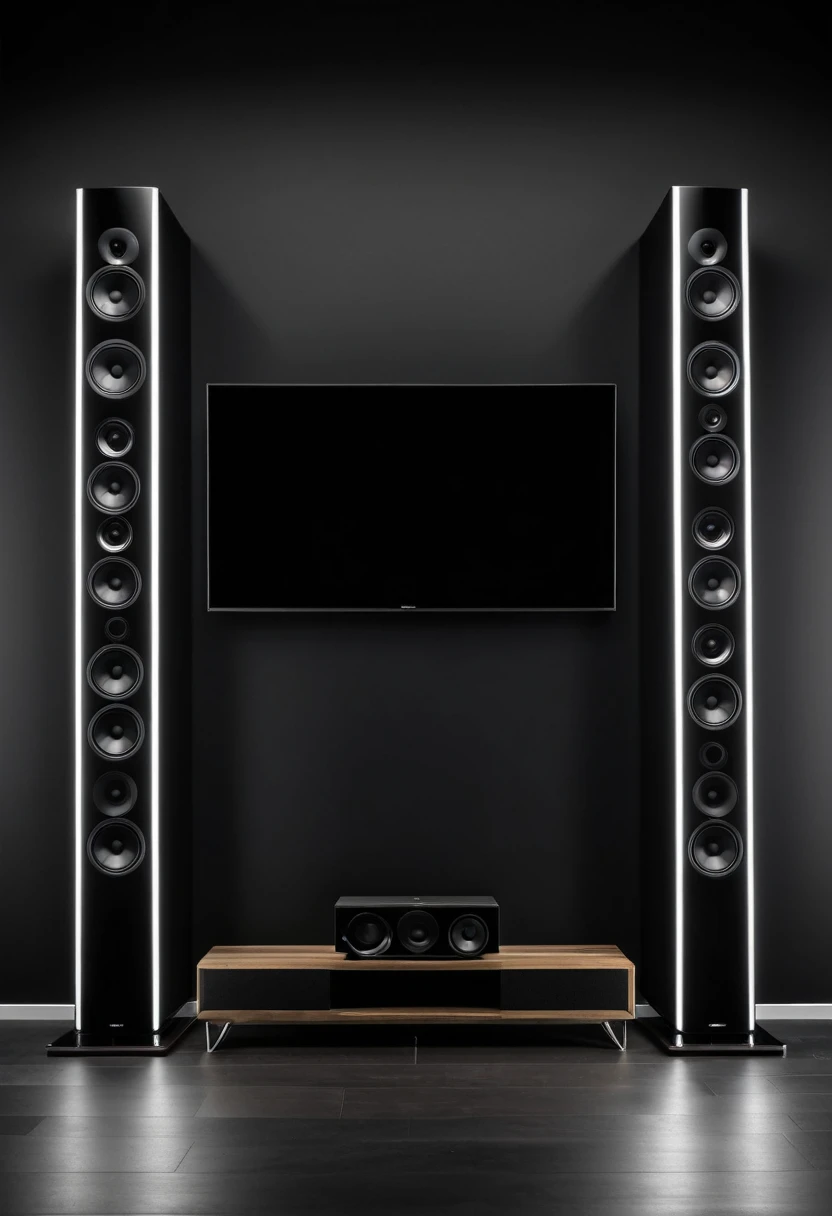 Stand TV with speakers and speaker system, Front view,Symmetrical composition,Black oled background, Personal room background, 8k vertical screen wallpaper, 8k vertical screen wallpaper, 4k vertical screen wallpaper, 4k vertical screen wallpaper, 8K high quality and resolution, Background artwork, 4k — height 1920 — width 1080