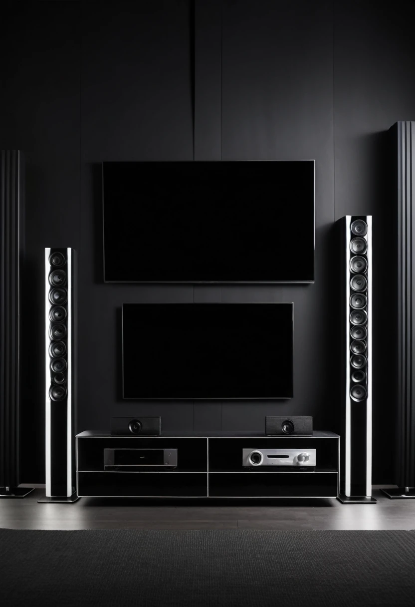 Stand TV with speakers and speaker system, Front view,Symmetrical composition,Black oled background, Personal room background, 8k vertical screen wallpaper, 8k vertical screen wallpaper, 4k vertical screen wallpaper, 4k vertical screen wallpaper, 8K high quality and resolution, Background artwork, 4k — height 1920 — width 1080