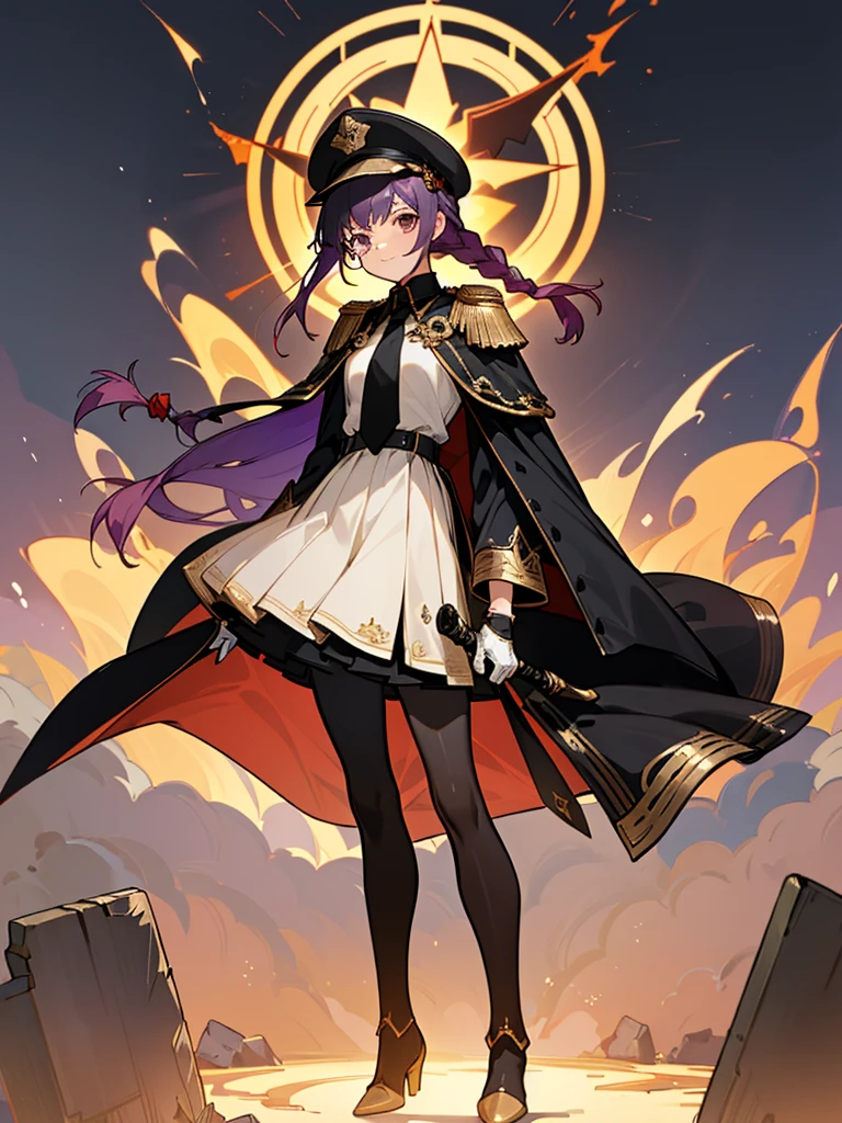 realisitic, City Deserted, Pile of rubble, Brick building, a one woman (18 years old, far away blackw hair, far away slits, Eyes red, glare eyes, 精致的面容, standing (In floor, feet shoulder-width apart), ta style military uniform (blackw base, Red Insert, golden decoration, volantes, wide sleeves, dainty and delicate detailing armors), blackw far away gloves (blackw, Red Insert, golden decoration, small hands, armors), blackw far away gloves, knee high boots (blackw, high-heels, red soles), ha (blackw, aba dourada, shield emblem, delicate details), arms in front, Front of belly, Holding military swords with both hands (blackw, golden decoration, delicate detail, Handle at the top, Ground-facing blade, in front of the body, far away), night sky (blackw, stele, Increased flames and smoke), Pale painting style, One Girl, super high quality, Super Detail, Super Detailed image, long hair, looking at viewer, skirt, shirt, hair ornament, violet eyes, gloves, round glasses, long sleeves, hat, closed mouth, jacket, violet hair, braid, open clothes, necktie, black gloves, black skirt, uniform, single braid, open jacket, black jacket, black headwear, 手链, peaked cap, black necktie, cropped jacket, military hat, pantyhose, Flat Chest, smile, Black Cape