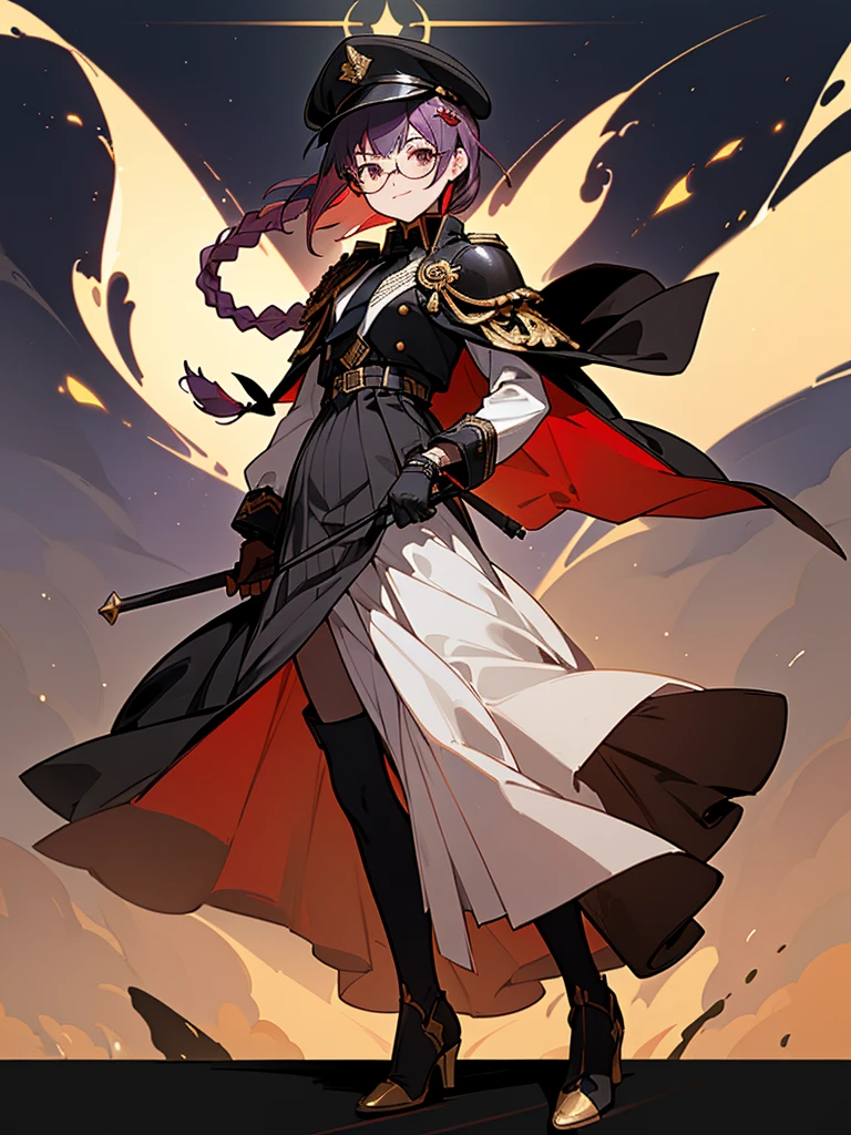 realisitic, City Deserted, Pile of rubble, Brick building, a one woman (18 years old, far away blackw hair, far away slits, Eyes red, glare eyes, 精致的面容, standing (In floor, feet shoulder-width apart), Lolita style military uniform (blackw base, Red Insert, golden decoration, volantes, wide sleeves, dainty and delicate detailing armors), blackw far away gloves (blackw, Red Insert, golden decoration, small hands, armors), blackw far away gloves, knee high boots (blackw, high-heels, red soles), ha (blackw, aba dourada, shield emblem, delicate details), arms in front, Front of belly, Holding military swords with both hands (blackw, golden decoration, delicate detail, Handle at the top, Ground-facing blade, in front of the body, far away), night sky (blackw, stele, Increased flames and smoke), Pale painting style, One Girl, super high quality, Super Detail, Super Detailed image, long hair, looking at viewer, skirt, shirt, hair ornament, violet eyes, gloves, round glasses, long sleeves, hat, closed mouth, jacket, violet hair, braid, open clothes, necktie, black gloves, black skirt, uniform, single braid, open jacket, black jacket, black headwear, 手链, peaked cap, black necktie, cropped jacket, military hat, pantyhose, Flat Chest, smile, Black Cape
