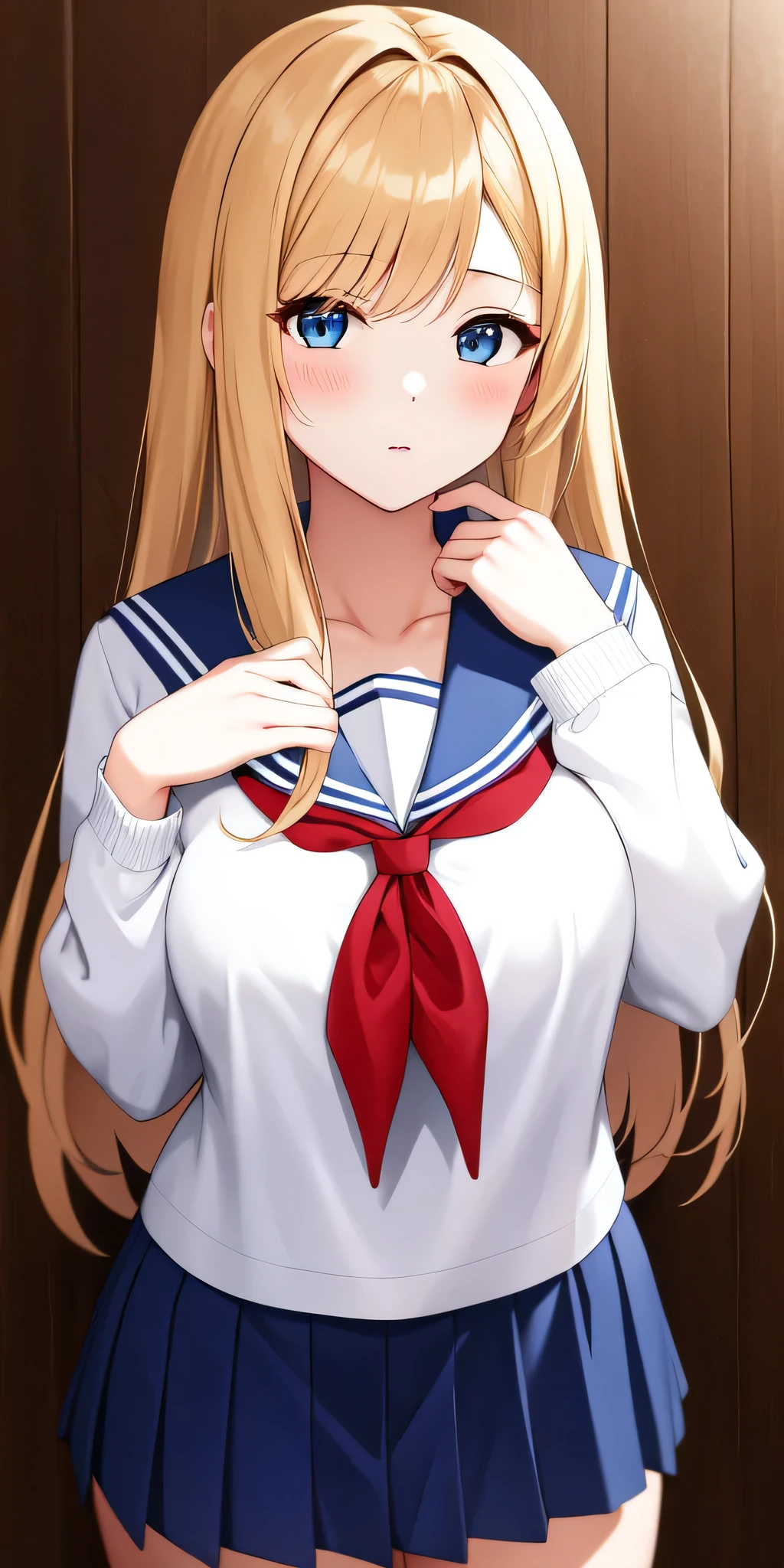 Minako Aino、mature girl、Are standing、Anime Women、solo、 Are standing、Long Hair、bionde、blue eyes、Half Up Hair、red head bow、Sailor suit、、Blue sailor collar、Blue pleated skirt、White shirt、red neckerchief、Long sleeve、masterpiece、Highest quality、Detailed face、Detailed Eyes、High resolution、beautiful、detailed、absurdes、Female focus、sexy atmosphere、mature atmosphere、Cowboy Shot、looking at viewer、(sexy body:1.3)、