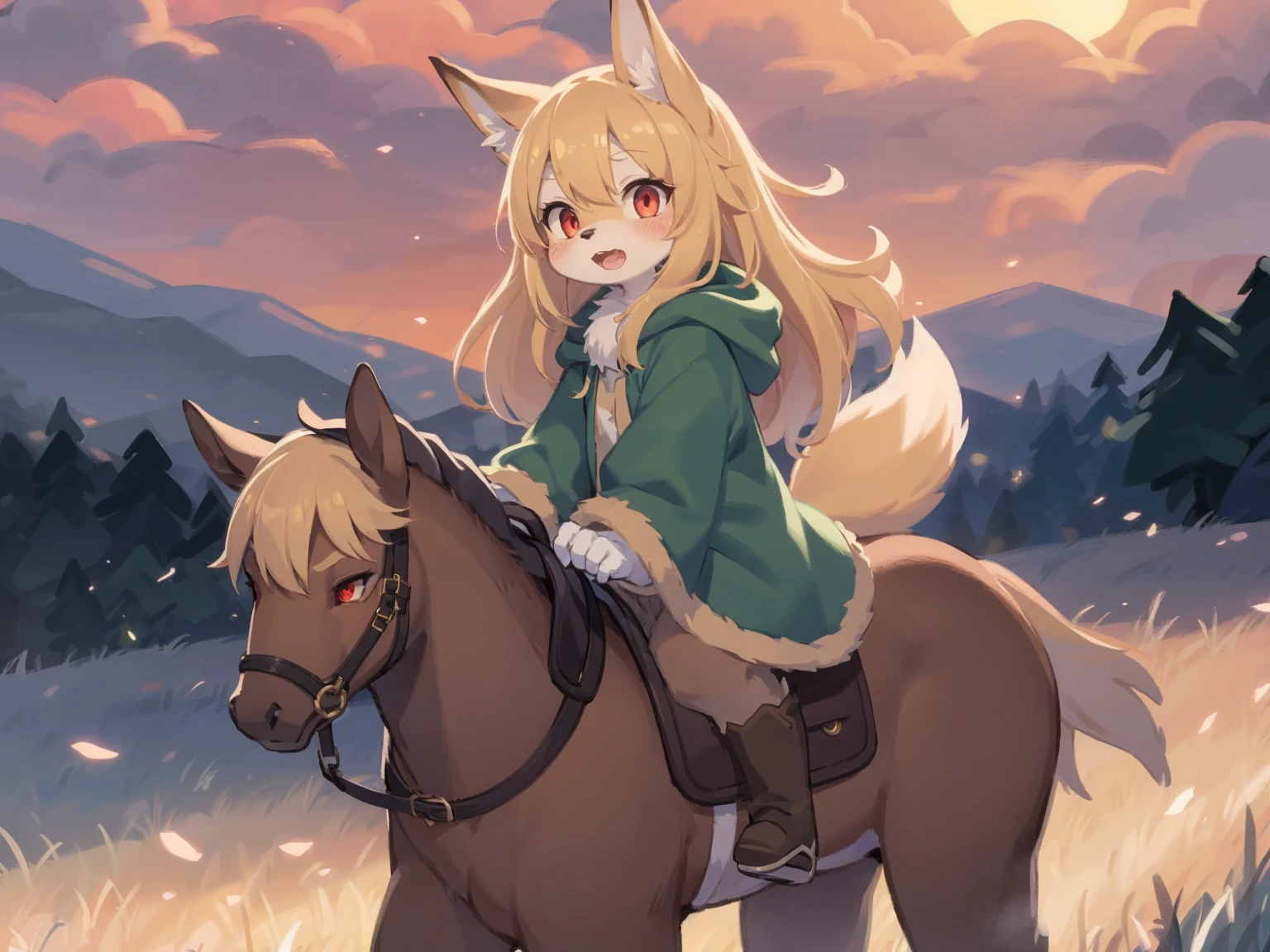 the fox, , was hairy, shaggy, skin fur, smooth lashes, golden fur, forelimb hands, straight long blonde hair, solid circle eyes, golden ears, golden fur, golden facial fur, shiny hair, red eyes, super cute face, 1fox tail, fluffy tail, furry tail, glowing eyes, green coat green hood down, brown trousers, riding unsaddled horse, open mouth, embarrassed, ambient light, ultra-fine fur, dashed eyes, full body, masterpiece, high quality, high-details, best quality, wide short, (((solo))), twilight, sun light, red sky, rim light