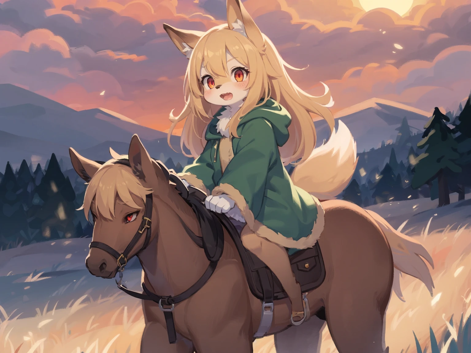 the fox, , was hairy, shaggy, skin fur, smooth lashes, golden fur, forelimb hands, straight long blonde hair, solid circle eyes, golden ears, golden fur, golden facial fur, shiny hair, red eyes, super cute face, 1fox tail, fluffy tail, furry tail, glowing eyes, green coat green hood down, brown trousers, riding unsaddled horse, open mouth, embarrassed, ambient light, ultra-fine fur, dashed eyes, full body, masterpiece, high quality, high-details, best quality, wide short, (((solo))), twilight, sun light, red sky, rim light