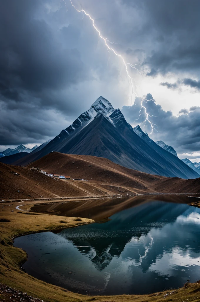 In the heart of the Himalayan mountains, nestled within the valleys, lies a small lake. Floating on the surface of this lake are numerous human skeletons. The surroundings are dark and ominous, with lightning crackling through the sky, creating a terrifying atmosphere. Anyone who ventures here is filled with dread.