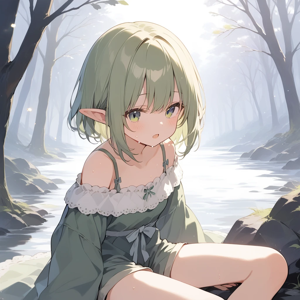 score_9, score_8_up, score_7_up, source_anime, best quality, masterpiece, official art, absurdres, highres, ultra-detailed,waifu2x,Collection: Slice of Life,break,1girl, elf, tomboy, short hair, skinny, androgynous, small breasts, beautiful detailed eyes, green shorts, sweat, open mouth, sleepily, outdoors, forest, spring,break,(clear line illustration:1.2), super detailed skin,very high resolution, very aesthetic, Best sexual lighting powered by famous artist, 8k,cute picture,beauty illustration,photoshop_(medium),,(Detailed Lighting),best anime 8k konachan wallpaper, pixiv contest winner,