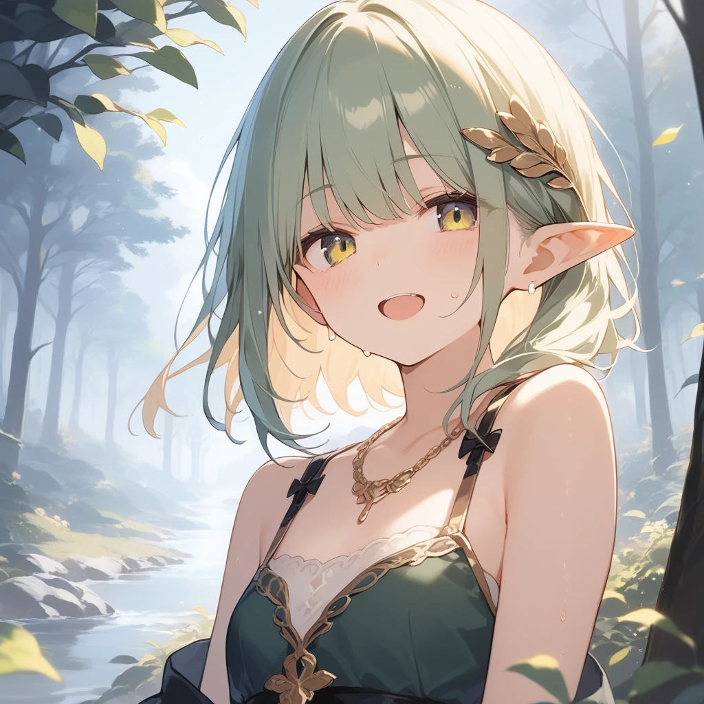 score_9, score_8_up, score_7_up, source_anime, best quality, masterpiece, official art, absurdres, highres, ultra-detailed,waifu2x,Collection: Slice of Life,break,1girl, elf, short hair, slender, androgynous, small breasts, beautiful detailed eyes, green shorts, sweat, open mouth, sleepily, outdoors, forest, spring,break,(clear line illustration:1.2), super detailed skin,very high resolution, very aesthetic, Best sexual lighting powered by famous artist, 8k,cute picture,beauty illustration,photoshop_(medium),,(Detailed Lighting),best anime 8k konachan wallpaper, pixiv contest winner,