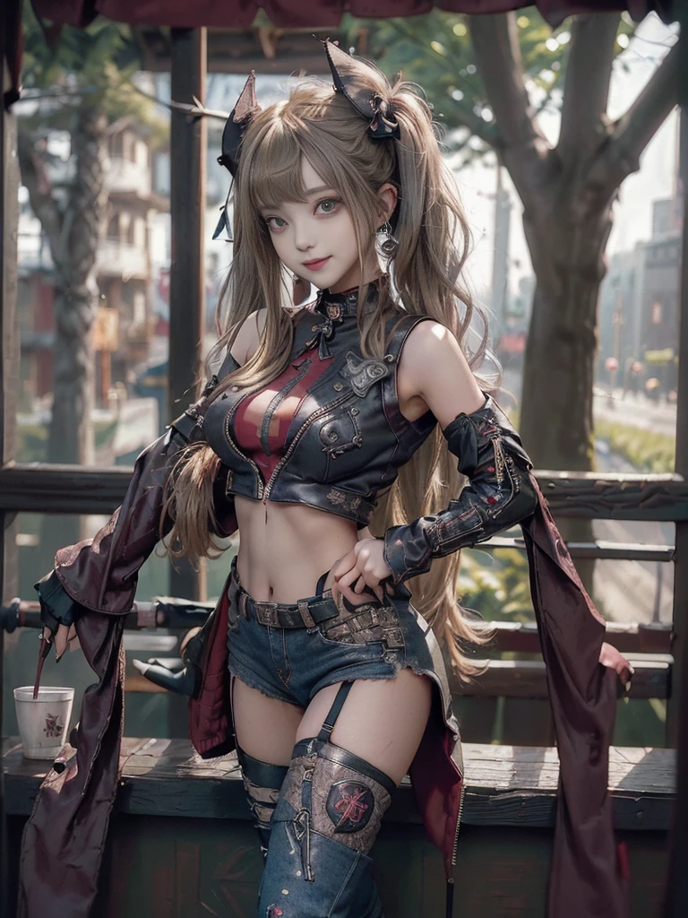 (Full body:1.4)、(Full Body View:1.4)、(Side view:1.1)、(Smiling with teeth showing:1.3),(Shibuya Gal:1.5)、(Beautiful:1.5)、(Punk RockVisual Kei:1.4)、(Burgundy denim with khaki and brown medieval tattered zip up:1.5)、(Wine red arm covers and tattered bugle pants:1.5)、(Wine red high heels:1.3)、(Wearing silver accessories:1.5)、(Dark brown collar:1.4)、(Leather garter belt:1.4)、(Red skin belt:1.3)、(Red lace underwear:1.5)、30 years old、NSFW、((Highest quality、In 8K、masterpiece:1.3))、Sharp focus:1.2、(Layered Cut、Huge boobs:1.1),Beautiful woman with perfect figure:1.4、(Doing an aerobics pose:1.3)、Slender Abs:1.2、Highly detailed face and skin texture、Detailed eyes、double eyelid,(Twin tails:1.3)、(Brown-golden hair:1.3)、Gravure idol、(A fairytale-like cafe with a lush tree background:1.3)、(Slim body:1.3),(Make your legs thinner:1.4),(Thin, thin thighs:1.3)、(clavicle:1.1)