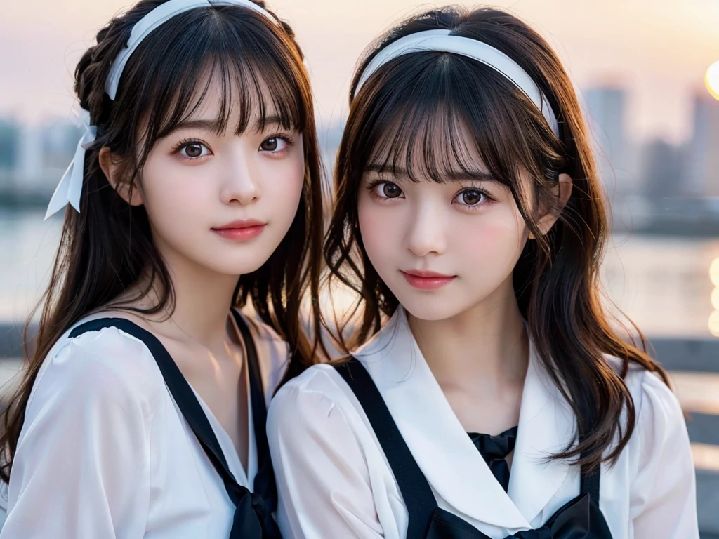 Two beautiful girls,Cheek to cheek,(8K, RAW Photos, Highest quality, masterpiece:1.2), Super detailed, Ultra-high resolution, (Realistic, photo Realistic:1.37), High-definition RAW color photos, Professional photos, Depth of written boundary, Detailed lips、Beautiful, shining lips, Detailed face、Very delicate and beautiful, Very detailed, In detail, Large file size, Very detailed skin, Very detailed clothing, Two Girls, (18-year-old:1.2), Ten generations, Cute girl,Sailor suit, Famous Japanese Idols, Black Hair, (Long Hair:1.2), (Wavy Hair:1.2), (Blunt bangs:1.2), young, Cute face, Baby Face, Realistic face, Beautiful and detailed eyes, Droopy eyes, Big black eyes, Beautiful and clear eyes,Scattered beneath the surface,(blush:0.5), Detailed skin texture, (race:1.2), (Black bow tie:1.1), (Hair Ribbon:1.2), Facing forward, Highest quality,masterpiece:1.3,Ultra-high resolution),(Very detailed,Caustics,8K),(Realistic:1.4,RAW shooting),I'm looking at the camera with a smile on my face,Collarbone Bare Skin,(Face Focus:1.1),(Face close-up:1.1),Sunset,Natural light