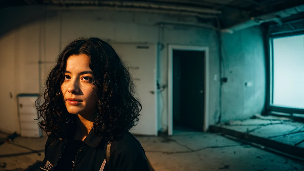 a woman in the front position with curly black hair with an expression of terror, stained with black oil, in a dark basement, with black shadow, and an aurora light illuminating the woman's face, with 3D, cinematic, midjorney style, photographic, sony A7rlll, detailed, 8k.