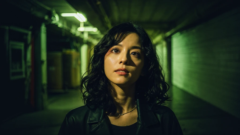 a woman in the front position with curly black hair with an expression of terror, stained with black oil, in a dark basement, with black shadow, and an aurora light illuminating the woman's face, with 3D, cinematic, midjorney style, photographic, sony A7rlll, detailed, 8k.