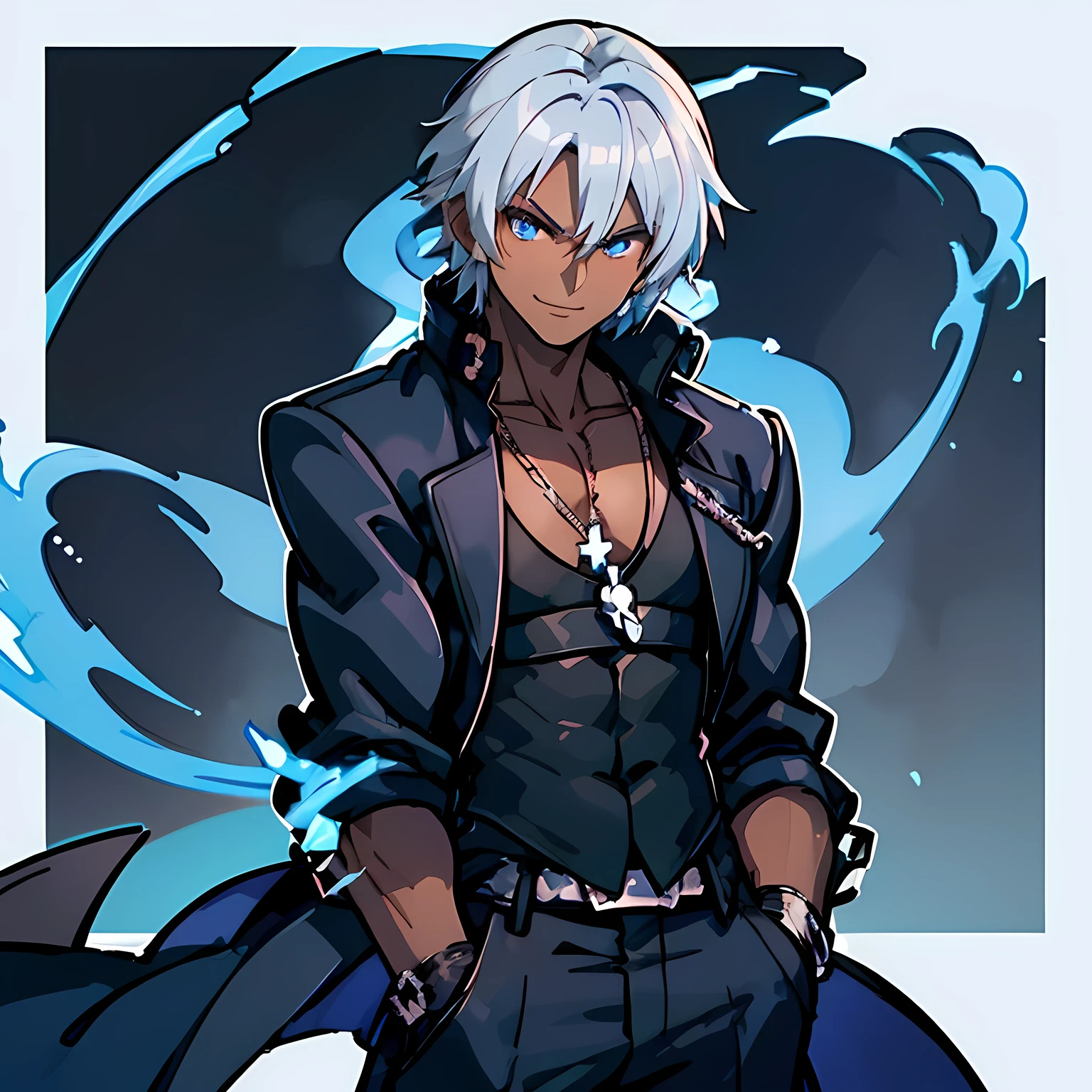 A Dark skinned young anime man, side swept silver hair, fiery light blue eyes, producing blue fire out of his fist, wearing a blue combat trench coat over a black tank top with black slacks and a chain on the hip, steel necklace with a blue dragon pendant around his neck, with sleeves rolled up to his elbows and a cocky smile