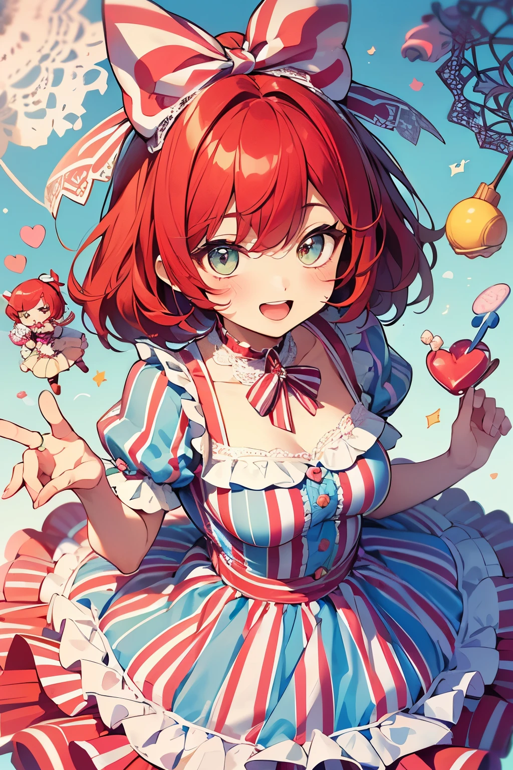 chibi character,Circus motif,((cute,kawaii,wonderland)),((pastel color)),((Cute assortment)),(Open Mouth Smile、looks fun),((Lots of toys and sweets:1.1)),((Cute frill and lace striped dress:1.3)),Shiny hair,(Natural Color),((Ruby red hair:1.2)),(Fairytale:1.25).