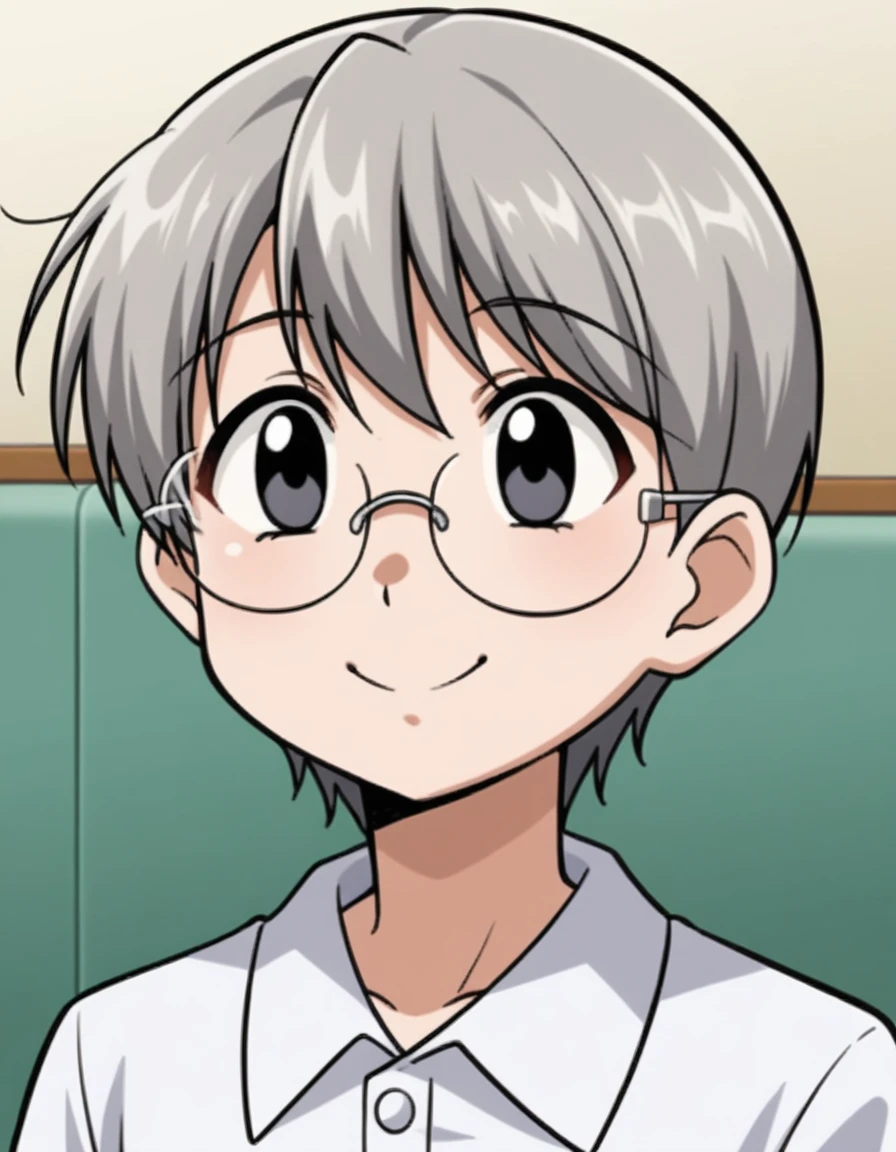 score_9, score_8, One personの男,Adult, Round face,Wear glasses,short hair,Put your hair up,a bit太り気味,Gray Hair, Black eyes, White polo shirt,a bit横向き, View your audience, smile, Upper Body, a bit、50s、One person、Older age