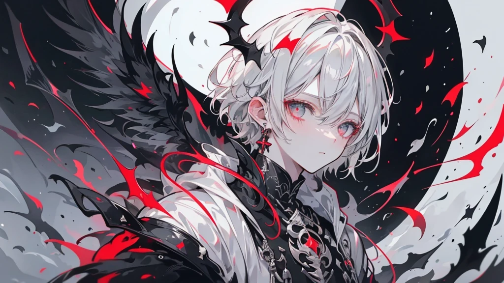 alone, good looking, 1 male, short hair, Black and gray hair, Pale eyes, White shirt, White Thailand, With black hood, Black wings, red halo