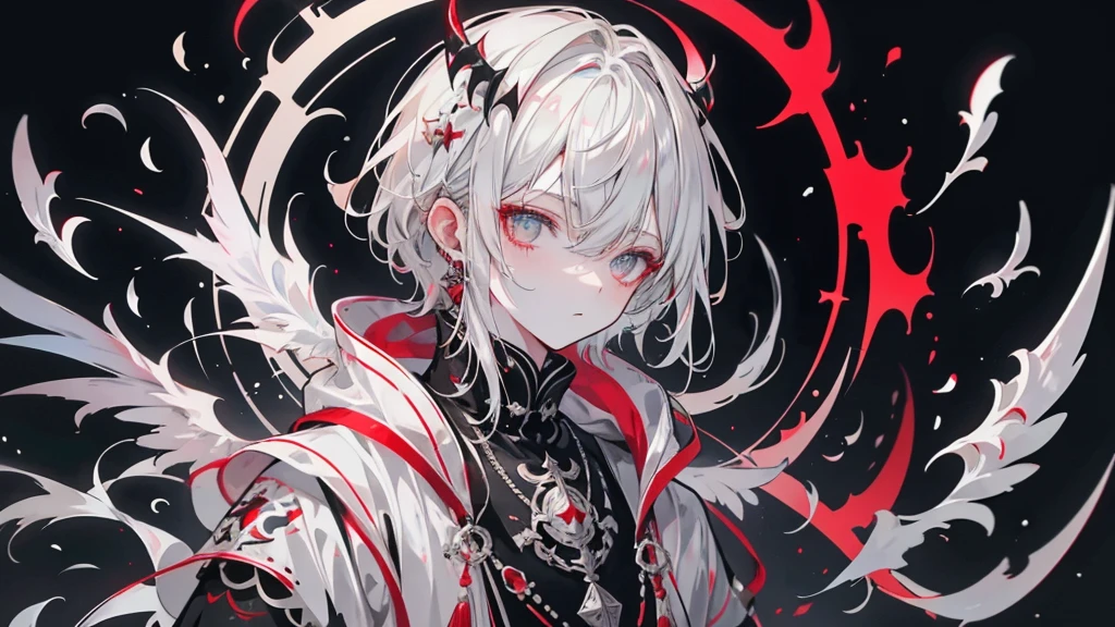 alone, good looking, 1 male, short hair, Black and gray hair, Pale eyes, White shirt, White Thailand, With black hood, Black wings, red halo