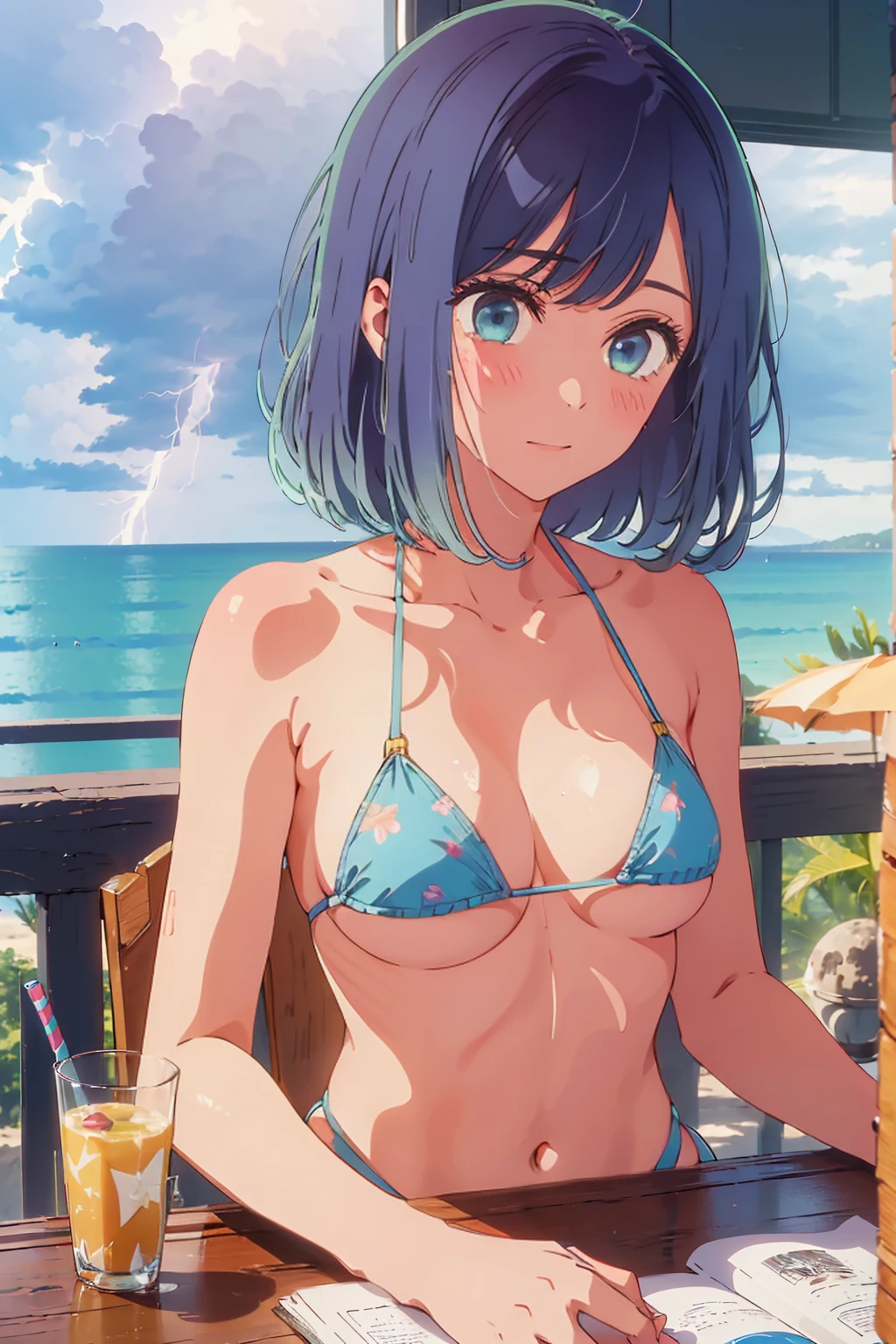 (Highest quality:1.4、masterpiece:1.4、Super detailed:1.4、8K:1.4)、((((1 person、Surprised expression、sit、Indoor cafe terrace、coastal、juice、table、Sandy Beach、juiceのグラスを持つ、Micro Bikini、Very soft boobs、Big eyes、Very cute face))))、(with a thunderstorm:1.4)、F cup bust、Medium breast、Underboob