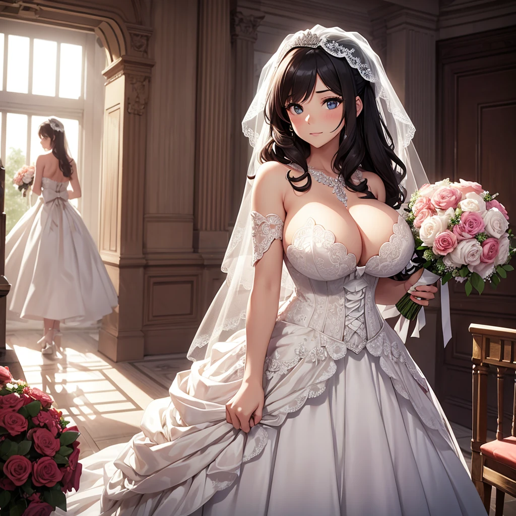 Girl with huge breasts wearing a wedding dress with a huge lace neckline and a wedding veil with a bouquet