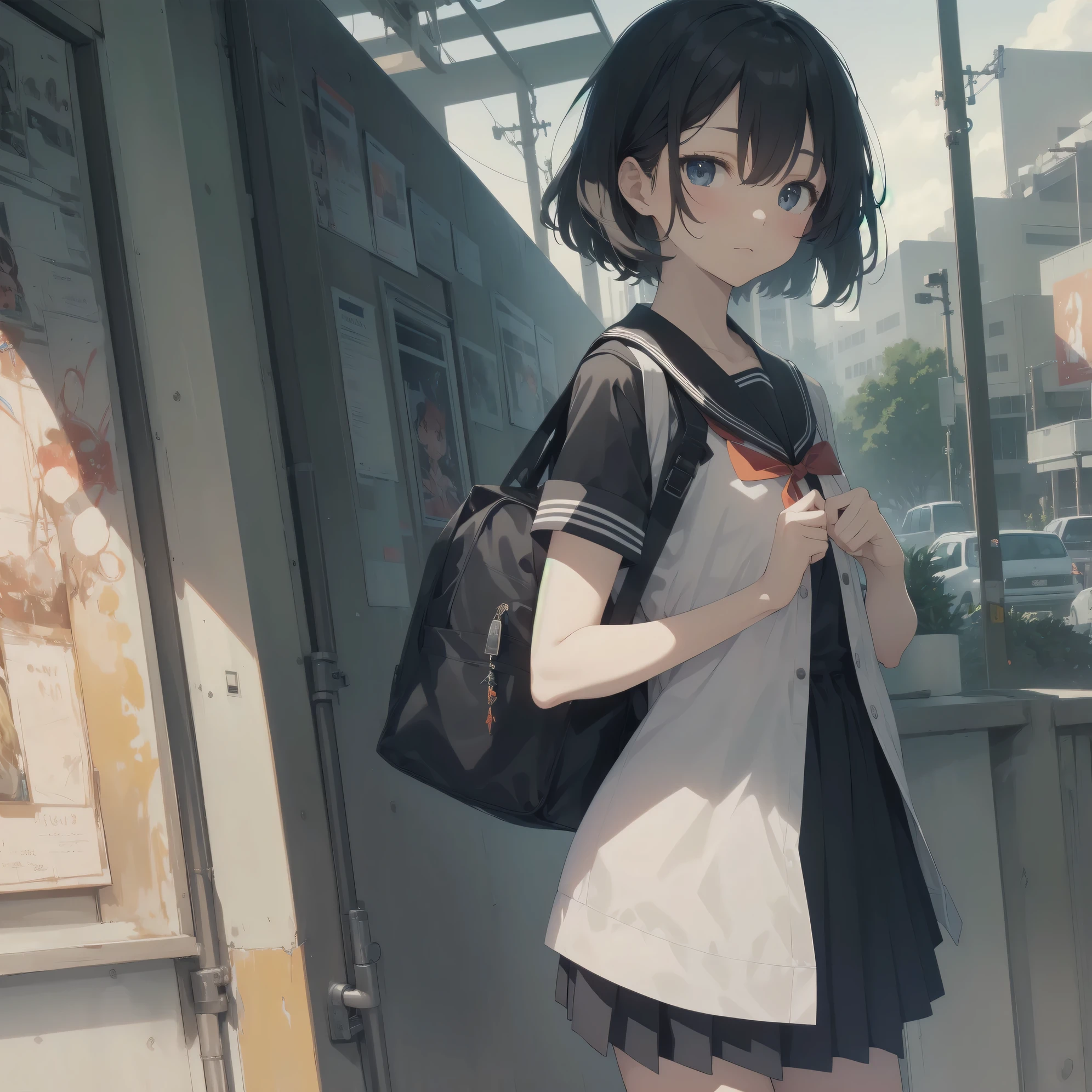 ultra-absurdres-Top quality by artist God, ultra-detailed, high resolution, anime moe artstyle, best anime 8k konachan wallpaper, pixiv contest winner, pool:2810, perfect anatomy,break, 1girl, (Please draw a girl walking sleepily to school alone. )break,(Solo,little female, 13-year-old:1.3),Full limbs, complete fingers,a junior high school student, (very short hair), short cut, flat chest, , small butt, small black eyes, beautiful detailed eyes, well-proportioned iris and pupils, expressive eyes, highres detailed hair, soft expression, salor school_uniform, sailor collar, serahuku, bow, pleated skirt,(Detailed Lighting), (Detailed background), in the School commute route. break,super detailed skin, Best cinematic lighting powered by famous artist, 8k,beauty illustration,photoshop_(medium),very aesthetic,break,((artist:tomose_shunsaku )), artist:clamp ,artist:carnelian ,artist:kantoku ,