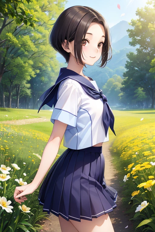 Rinko Kobayakawa、Shiny brown hair, ((Center-parted bangs that expose the forehead、short hair、))、, (Beautiful brown eyes、Sparkling eyes, Fine grain)、smile、Ultra-detailed eyes、Highly detailed face, Highly detailed eyes,

masterpiece, Highest quality, High resolution, 
Short-sleeved white sailor suit、Dark blue neckerchief、Navy blue mini pleated skirt、Very short mini skirt、Bare thighs、

Photorealism, Highest quality, 超High resolution, photograph, exquisitely beautiful photograph, Extraordinary beauty, チークグロスハイLight, Perfect body, Biologically accurate, cute and beautiful face details,  beautiful bangs, Glowing White Skin, Between the eyes, beautifulglossy hair, Smooth Hair, Thin Hair, High resolutionの目, beautiful, Bright and transparent, big, Attractive eyes, eyeliner, double eyelid, beautiful legs, Face Focus:1.3, , (From the side:1.2), A proper woman, 28 years old,((Looking at the audience:1.2)),




, One girl,  smile, Show Viewer, masterpiece,Upper Body, Highest quality, (colorful),volumatic Light, Ray Tracing,Highly detailed CG Unity 8k wallpaper,smile,((Fluttering petals)),(Flowery meadow), sunny,sunlight, Light, Fantasy, the wind is strong, wood, lake, Mountain々, ((Flowers)),garlic,