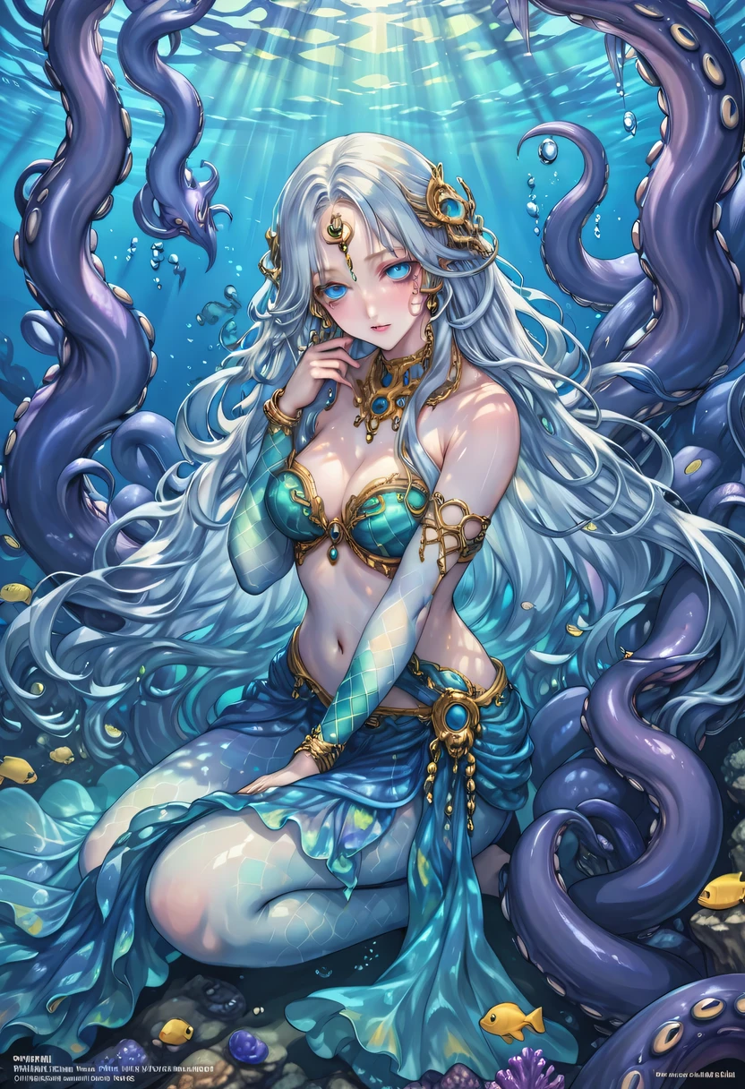 Medusa, hair composed of pink snakes, reddish white eyes, ultra-detailed sea surface, skulls in the reflection of her eyes, background of white stone statues of muscular and mature men, expression of anger and hatred, symbol of the feminine in the center, well-structured female body, golden jewels all over her body