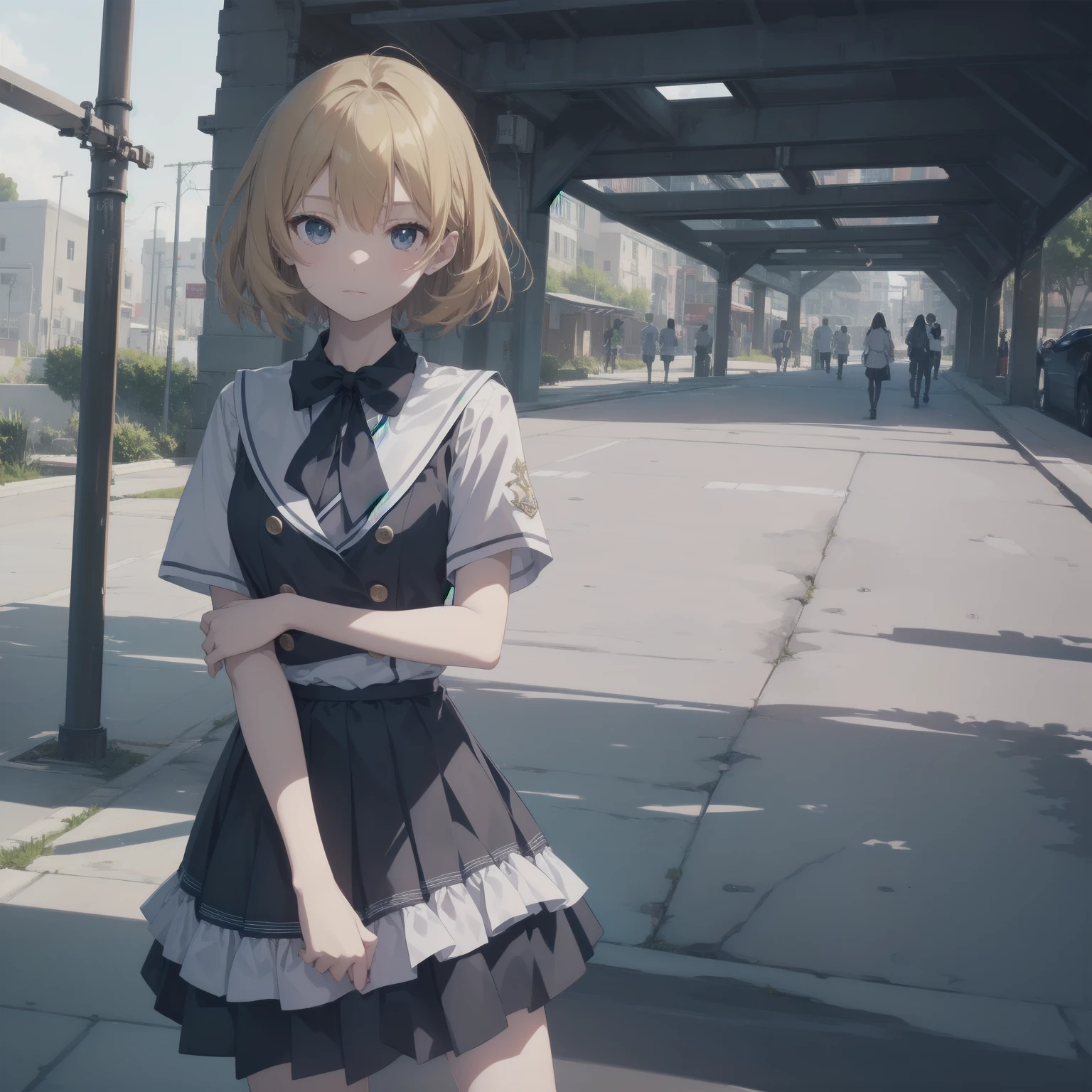 ultra-absurdres-Top quality by artist God, ultra-detailed, high resolution, anime moe artstyle, best anime 8k konachan wallpaper, pixiv contest winner, pool:2810, perfect anatomy,break, 1girl, (Please draw a girl walking sleepily to school alone. )break,(Solo,little female, 13-year-old:1.3),Full limbs, complete fingers,a junior high school student, (very short hair), short cut, flat chest, , small butt, small black eyes, beautiful detailed eyes, well-proportioned iris and pupils, expressive eyes, highres detailed hair, soft expression, salor school_uniform, sailor collar, serahuku, bow, pleated skirt,(Detailed Lighting), (Detailed background), in the School commute route. break,super detailed skin, Best cinematic lighting powered by famous artist, 8k,beauty illustration,photoshop_(medium),very aesthetic,break,((artist:tomose_shunsaku )), artist:clamp ,artist:carnelian ,artist:kantoku ,