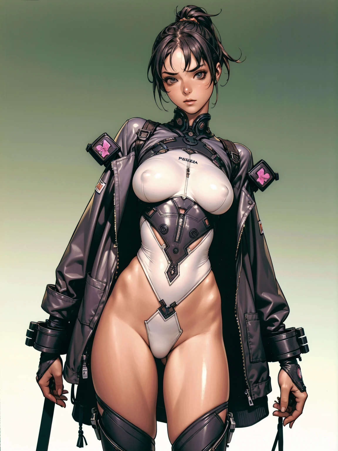 (((urban techwear))), ((( transparent suit ))), (((Bandaged body))), ((high collar)), (((Quorra))), (((best qualityer: 1.4))), (Unbeatable masterpiece), (hiper HD),(CG 8k hyper-realistic), (((brave face))), (((breasts big))), (((hyper feminine))), sexly girl, Tron,（black bob hair)), ((( sculptural body ))), (((1 Kizi))), Kizi cibernética de 25 anos com perfectbody,,Beautiful and well-groomed face,muscular body:1.2,solid color detailed jacket, (Head to thigh photos)， Complex equipment, green dark，long pants，Tight clothes are dark，With white stars and off-white stripes,,,,,Armor Metal Electronic Parts, Poison tattoos ) INFO, Kizi, (((standing alone))), pirralha violent, (((14歳))), sexly, pose de atitude, work of art, post-apocalypse, (((manga style))), bounty hunter, violent, Manic, the way you want, slenderbody, thin but strong, perfectbody, roupa moderna, advanced technology, neon, sleeves with vertical striped pattern, neutral background, (( cowboy shot )). intricate visual