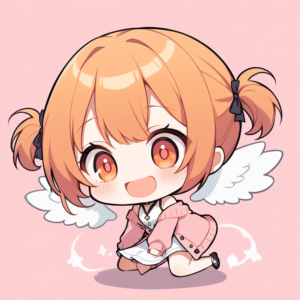 orange hair, orange eyes,girl,Pigtails with the ends tied up,laugh, chibi, little witch, 1 woman,halterneck,White dress,pink cardigan,panties,Angel Wings