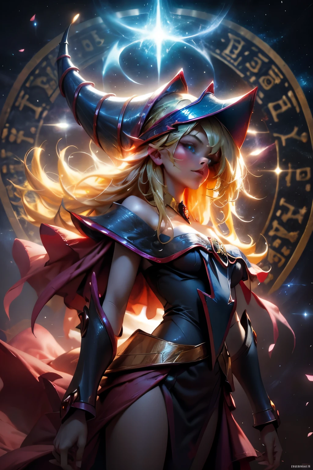 Giles dark wizards. dark wizards. blue eyes. blond hair. Red lips. Detailed Features.., cosmic colors, ethereal lighting, surreal painting, high resolution, otherworldly atmosphere, celestial beings. Beautiful goddess
