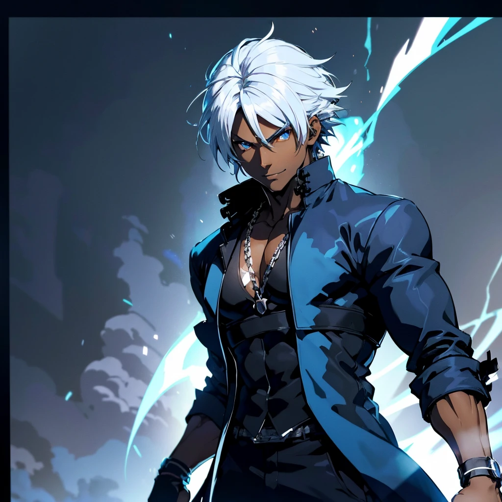 A Dark skinned young anime man, side swept silver hair, fiery light blue eyes, producing blue fire out of his fist, wearing a blue combat trench coat over a black tank top with black slacks and a chain on the hip, steel necklace with a blue dragon pendant around his neck, with sleeves rolled up to his elbows and a cocky smile