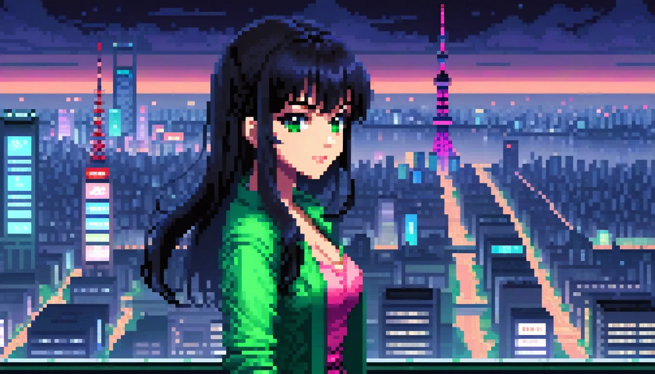 pixel, 16-bit Style, pixel art, Nintendo game scene, Cool colors, green,Tokyo at night in the background, Skyscraper, Skyline, Modern, Colorful lights, Tokyo Night, dark, A girl in the foreground, whole body, Woman with long black hair and bangs, dark eyes, depth of image 80Decade Style Clothes that reveal cleavage Cool look Pink clothes