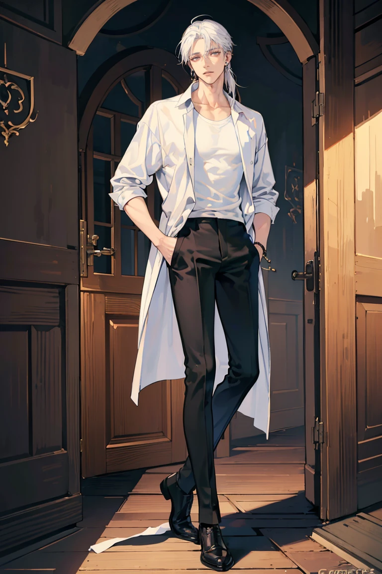 (masterpiece), best quality, seductive eyes, perfect face, handsome man, brown eyes, long tied white hair, long nose, tan skin, plain black t-shirt, black fitted pants, extremely tall man, long legs, long calves, full body, tall man, long legs, anime cover, 1boy, ear piercings, hands in pockets, adult-like look
