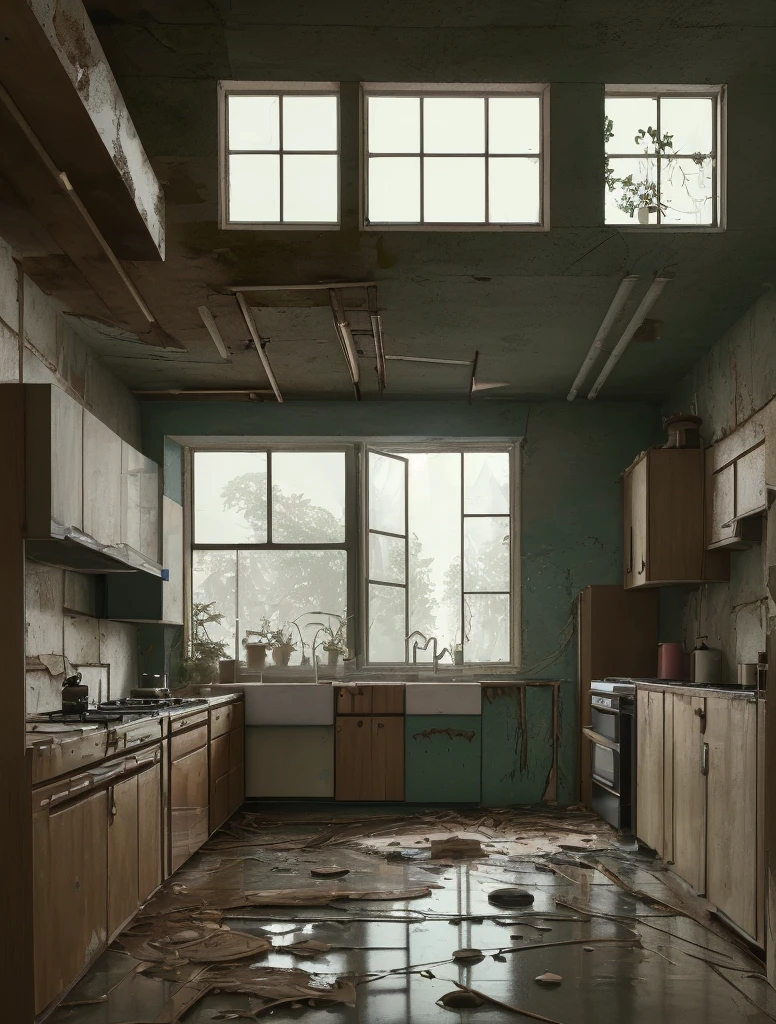 Distorted and disproportionate kitchen
Stroke style drawing adventure time
Abandoned kitchen, post-war, No people, puddle of water, infiltration on the wall and ceiling, refrigerator with rusty door between open and stain of infiltration, wooden cabinet with rusty door between open and stain of infiltration, floor with floor with stains of infiltration and missile on the floor next to the refrigerator, plants on the ceiling and wall invading the space.
Soft light coming through the open wooden window with broken glass.
Intricate details, simple and spontaneous lines, humorous, graphic illustration style, 4k definition with measurements of 3840 x 2160 pixels, front view of the scene.